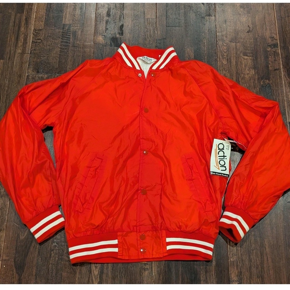 New Vintage 90s Action Snap Up Varsity Jacket Mens M Red Striped‎ Cuffs Lined